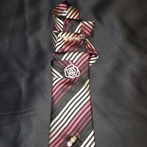 Elegant Striped Necklace Tie with Rose Pin